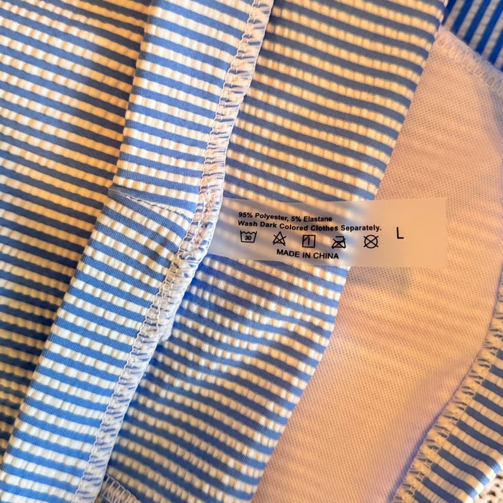 Seersucker Ruffle Bandeau Blue & White Striped Bikini Swimsuit - Picture 7 of 13